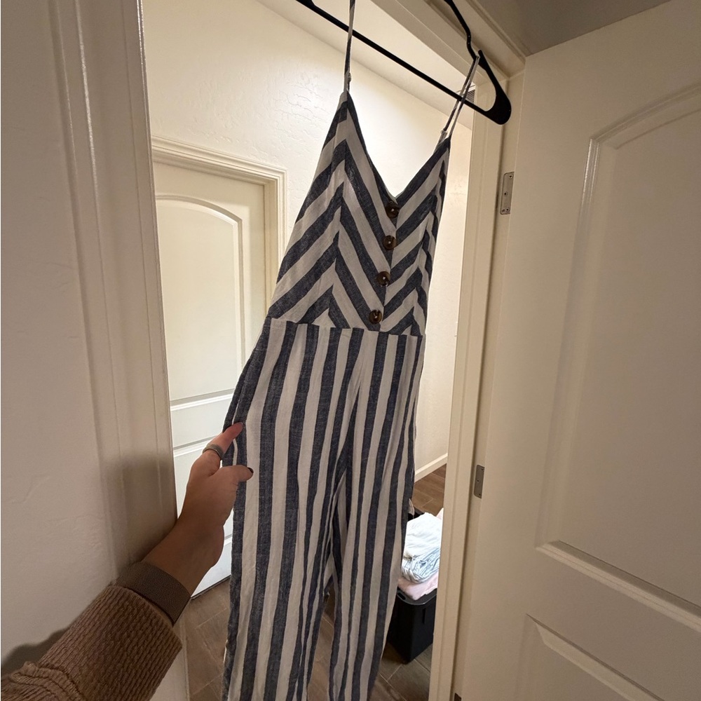 Kensie Navy and White Striped Jumpsuit